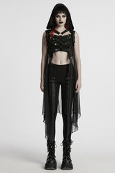 Black Sleeveless Hooded Mesh Women's Punk Harness Vest